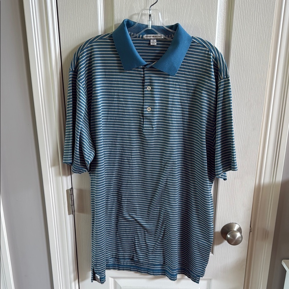 Peter Millar Men's Blue/green Striped Polo Shirt. Size XL
